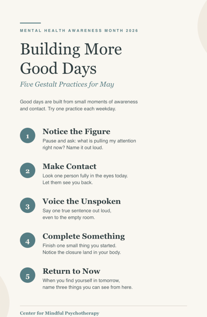 A cream-background infographic titled "Building More Good Days" with the eyebrow "Mental Health Awareness Month 2026." Five numbered teal circle icons list Gestalt practices: Notice the Figure, Make Contact, Voice the Unspoken, Complete Something, and Return to Now. Each is accompanied by a one-to-two sentence instruction. The footer reads "Center for Mindful Psychotherapy, mindfulcenter.org.