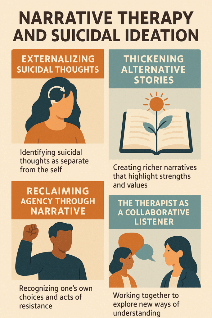 “Infographic titled ‘Narrative Therapy and Suicidal Ideation.’ Four illustrated sections: (1) Externalizing Suicidal Thoughts — shows a person with dark hair and headset, with caption ‘Identifying suicidal thoughts as separate from the self.’ (2) Thickening Alternative Stories — shows an open book with a sprouting plant and sun, with caption ‘Creating richer narratives that highlight strengths and values.’ (3) Reclaiming Agency Through Narrative — shows a person raising their fist, with caption ‘Recognizing one’s own choices and acts of resistance.’ (4) The Therapist as a Collaborative Listener — shows two people talking, with caption ‘Working together to explore new ways of understanding.’ Colors are calming tones of teal, orange, and beige.”