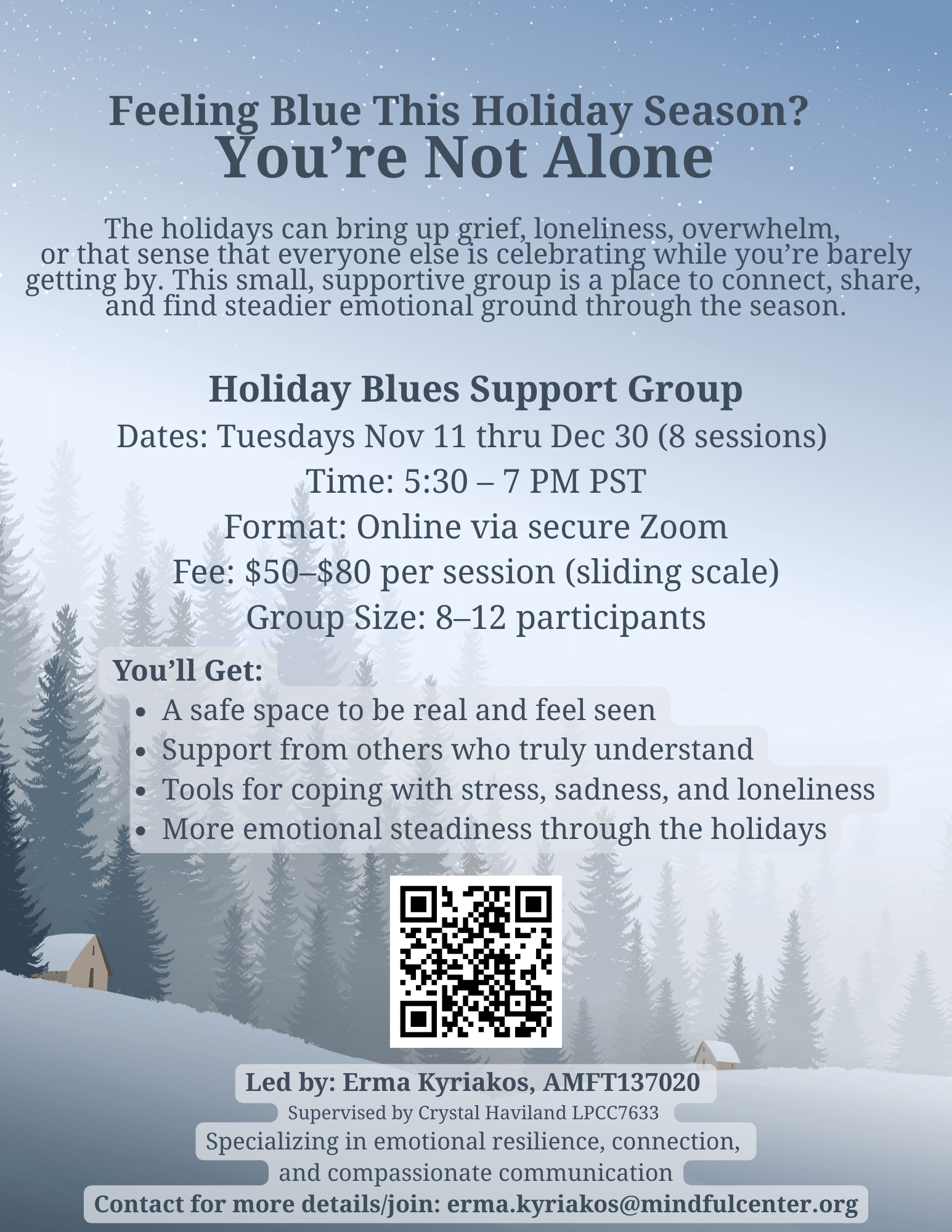flyer for online holiday support group in california