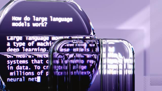 Abstract purple tinted image showing text about large language models displayed on curved reflective surfaces