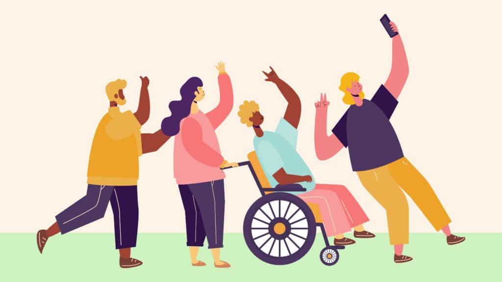 Colorful illustration of five diverse people including a person in a wheelchair, all celebrating together with raised arms