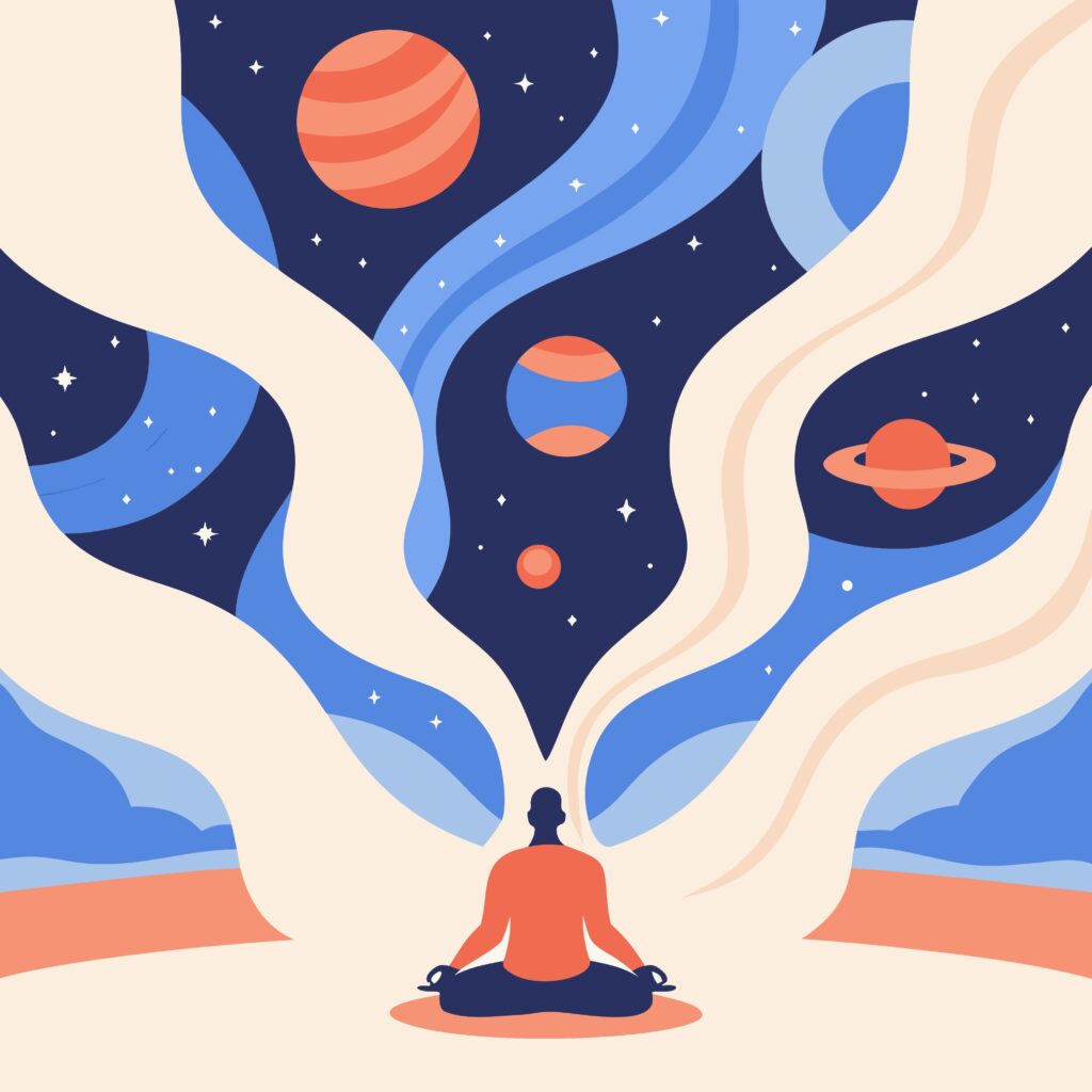 llustration of person meditating with flowing cosmic imagery of planets and stars emerging upward, representing the expansive awareness possible through mind body practices