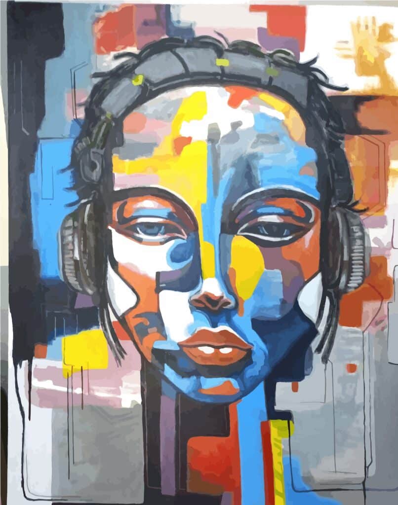 A colorful abstract painting of a face wearing headphones, rendered in bold blocks of blue, yellow, orange, and pink