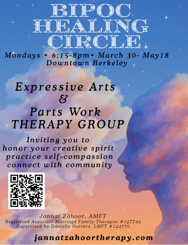 Illustrated therapy group flyer showing a silhouetted figure with flowing colorful clouds representing inner healing, advertising the BIPOC Healing Circle expressive arts and parts work group in downtown Berkeley