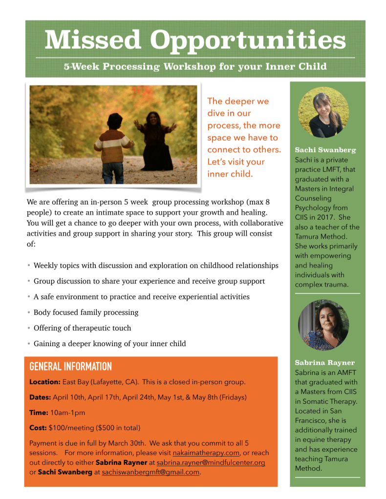 Workshop flyer showing a child running toward an adult with open arms in a fall forest, representing the reconnection with the inner child explored in this five-week somatic therapy group in Lafayette California