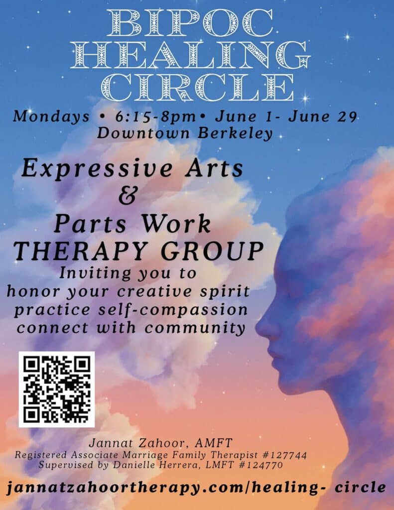 Illustrated therapy group flyer showing a silhouetted figure with flowing colorful clouds representing inner healing, advertising the BIPOC Healing Circle expressive arts and parts work group in downtown Berkeley