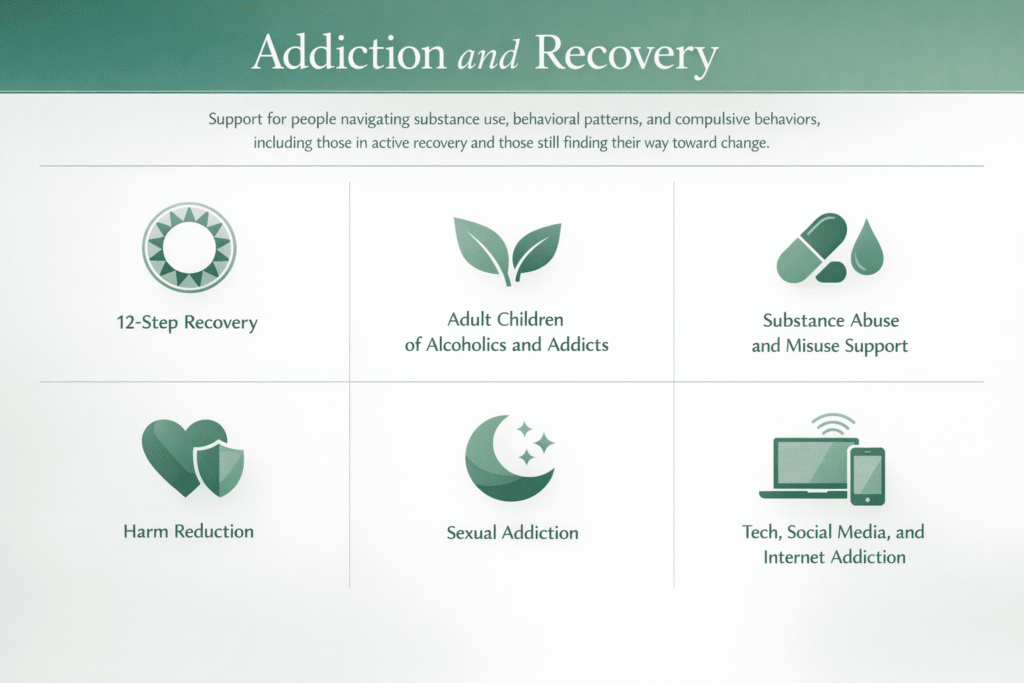 Icon grid showing six addiction and recovery therapy focus areas at Center for Mindful Therapy: 12-Step Recovery, Adult Children of Alcoholics and Addicts, Substance Abuse and Misuse Support, Harm Reduction, Sexual Addiction, and Tech Social Media and Internet Addiction.
