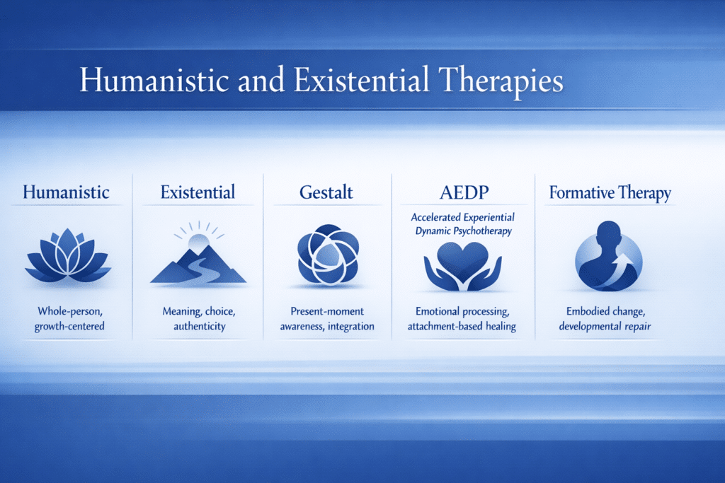 Icon grid showing five humanistic and existential therapy modalities at Center for Mindful Therapy: Humanistic Therapy, Existential Therapy, Gestalt Therapy, AEDP (Accelerated Experiential Dynamic Psychotherapy), and Formative Therapy, each with a brief descriptor.