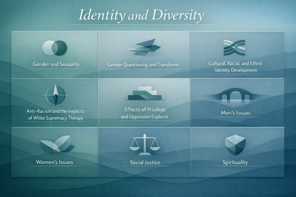 Icon grid showing nine identity and diversity therapy focus areas at Center for Mindful Therapy: Gender and Sexuality, Gender Questioning and Transitions, Cultural Racial and Ethnic Identity Development, Anti-Racism and the Impacts of White Supremacy, Effects of Privilege and Oppression, Men's Issues, Women's Issues, Social Justice, and Spirituality.