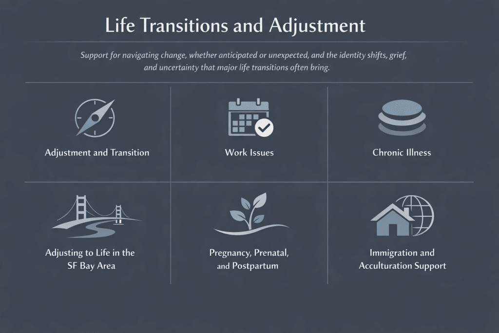 Icon grid showing six life transitions and adjustment therapy focus areas at Center for Mindful Therapy: Adjustment and Transition, Work Issues, Chronic Illness, Adjusting to Life in the SF Bay Area, Pregnancy Prenatal and Postpartum, and Immigration and Acculturation Support.