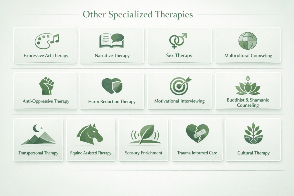 Icon grid showing thirteen specialized therapy modalities at Center for Mindful Therapy: Expressive Art Therapy, Narrative Therapy, Sex Therapy, Multicultural Counseling, Anti-Oppressive Therapy, Harm Reduction Therapy, Motivational Interviewing, Buddhist and Shamanic Counseling, Transpersonal Therapy, Equine Assisted Therapy, Sensory Enrichment, Trauma Informed Care, and Cultural Therapy.