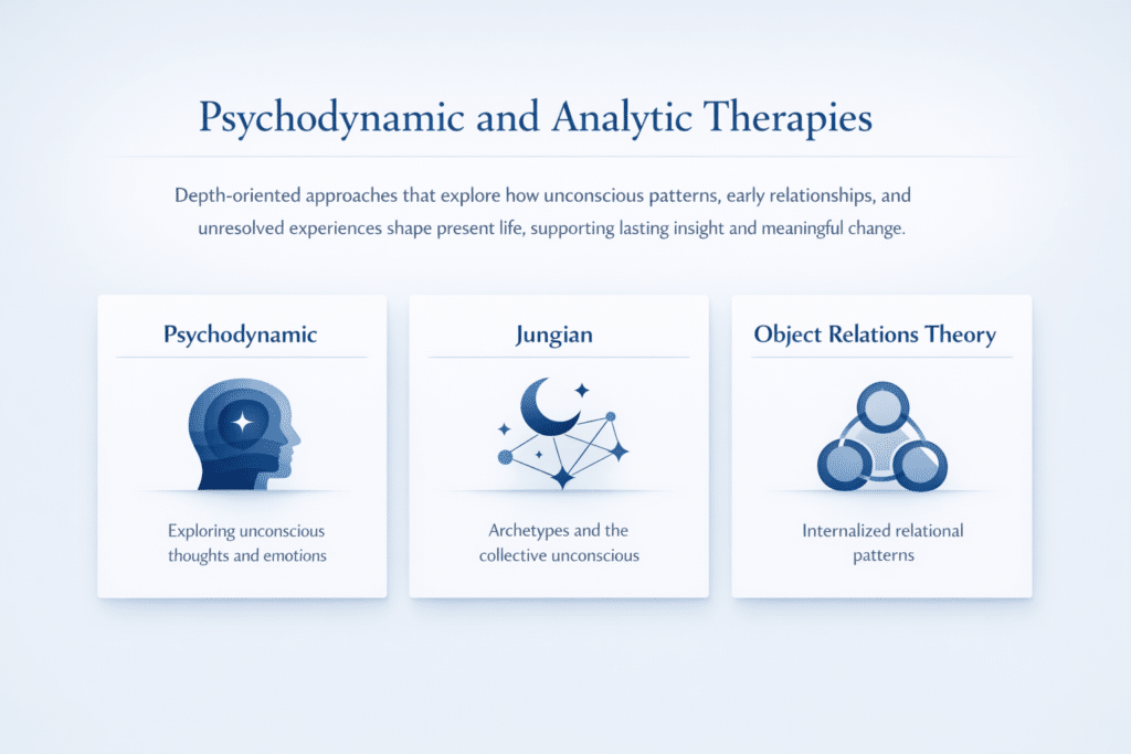 Icon grid showing three psychodynamic and analytic therapy modalities at Center for Mindful Therapy: Psychodynamic Therapy for exploring unconscious thoughts and emotions, Jungian Therapy for archetypes and the collective unconscious, and Object Relations Theory for internalized relational patterns.
