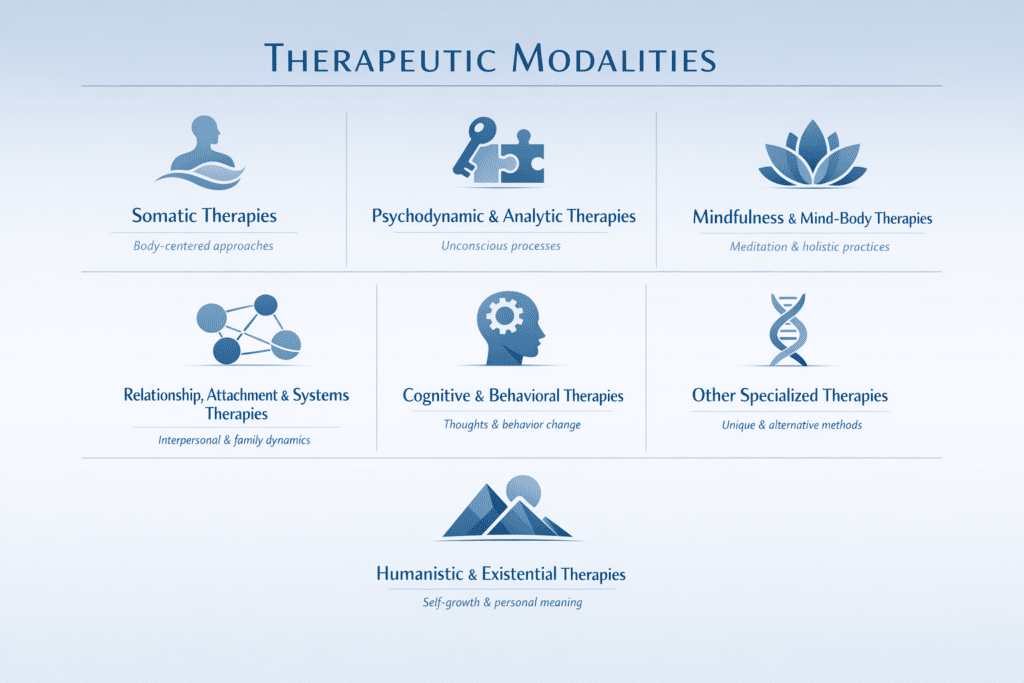 Icon grid showing seven therapeutic modality categories at Center for Mindful Psychotherapy: Somatic Therapies, Psychodynamic and Analytic Therapies, Mindfulness and Mind-Body Therapies, Relationship Attachment and Systems Therapies, Cognitive and Behavioral Therapies, Other Specialized Therapies, and Humanistic and Existential Therapies.