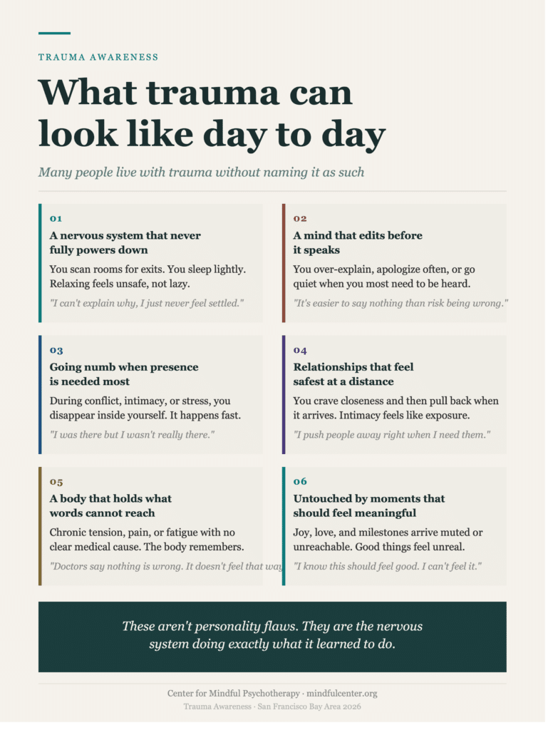 Six-card grid infographic describing six common day-to-day experiences of unprocessed trauma, including hypervigilance, self-silencing, dissociation, push-pull attachment, body-based symptoms, and emotional numbness, each with a quoted example of how it sounds from the inside