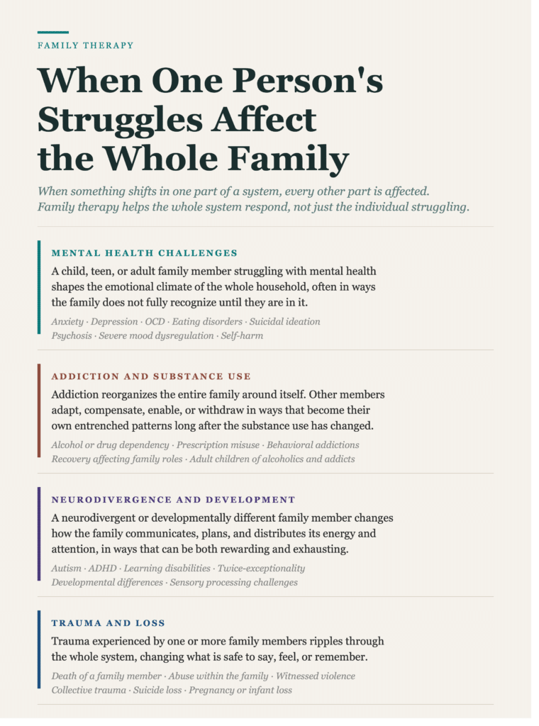 Four-section editorial infographic showing how one family member's challenges affect the entire family system at Center for Mindful Psychotherapy, covering mental health challenges, addiction and substance use, neurodivergence and development, and trauma and loss, each with specific examples.