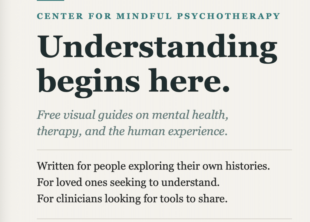 A collection of visual therapy guide cards from Center for Mindful Psychotherapy covering topics including trauma, anxiety, relationships, identity, and grief, displayed in the organization's cream and teal design style