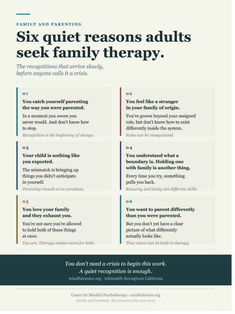 Six-card infographic naming quiet reasons adults begin family and parenting therapy, including catching yourself parenting the way you were parented, feeling like a stranger in your family of origin, struggling to hold boundaries with family despite understanding them, and wanting to parent differently without yet knowing what that looks like.