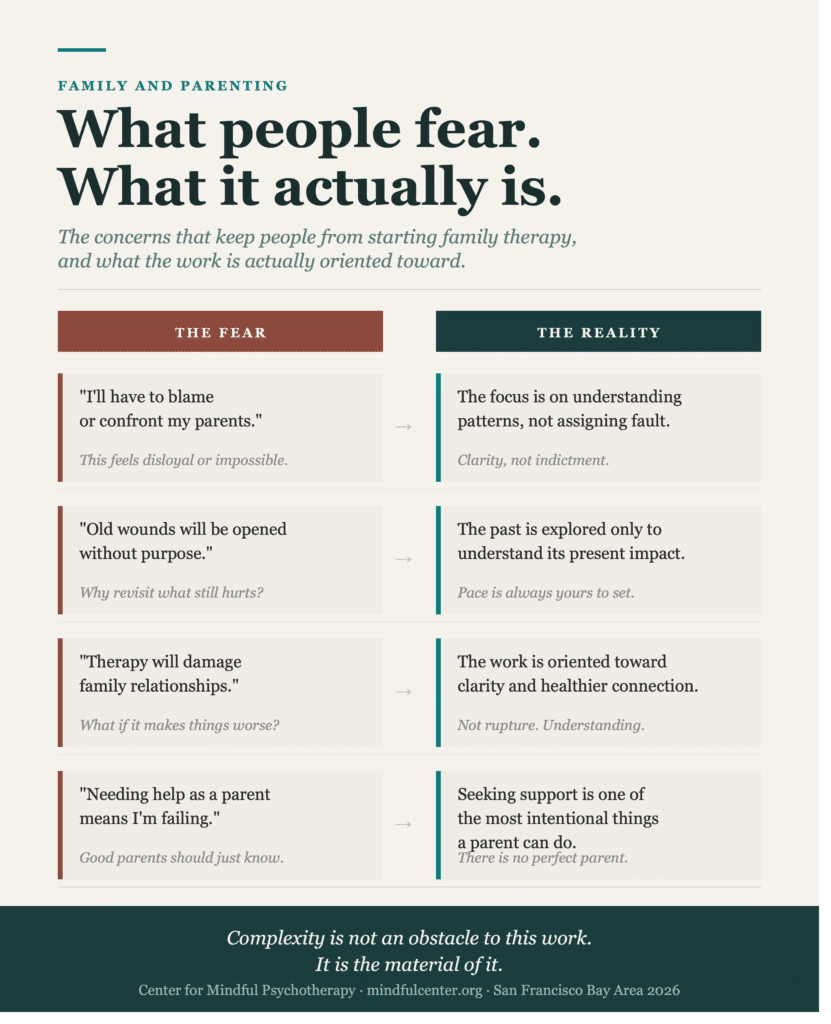Two-column comparison infographic showing common fears about family therapy alongside what the work actually involves, including that the focus is on patterns not blame, that the pace is client-set, and that seeking support as a parent is an act of intention not failure.