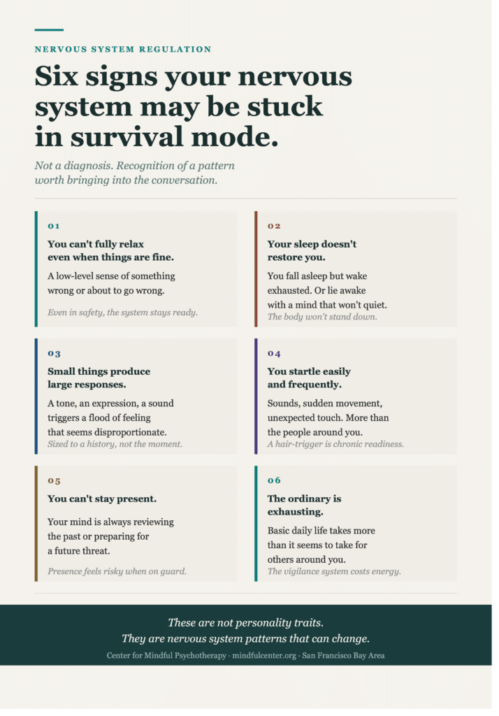 Six-card infographic identifying six behavioral and felt signs of a nervous system chronically stuck in survival mode, including inability to fully relax, non-restorative sleep, disproportionate startle responses, and exhaustion from ordinary life.