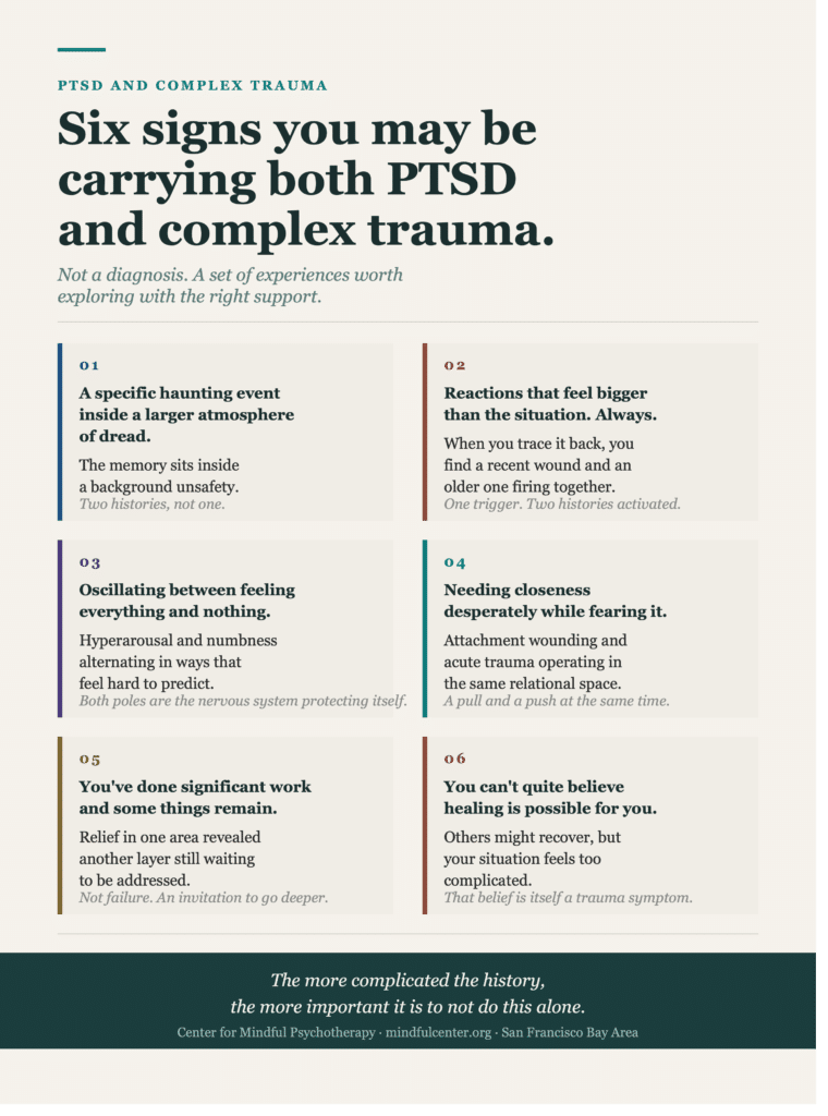 Six-card infographic describing experiential signs of carrying both PTSD and C-PTSD, including a specific haunting event inside a broader atmosphere of dread, oscillating between flooding and numbness, and not believing healing is possible.