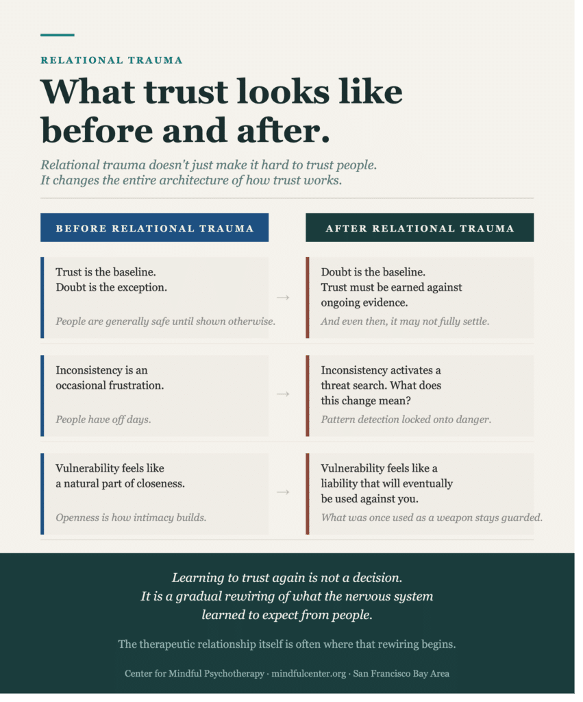 Comparison infographic showing what trust looks and functions like before relational trauma compared to after, across four dimensions including baseline assumptions, response to inconsistency, and relationship with vulnerability.